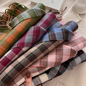 Thick vintage plaid cashmere-feel scarf with tassels in various colorful grid patterns