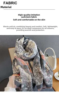 Close-up of premium cashmere-like fabric scarf with abstract jacquard and tassels