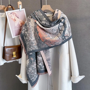 Women Artistic Landscape Tree Print Jacquard Scarf Shawl Imitation Cashmere Thick Warm Fashion Wrap With Tassels