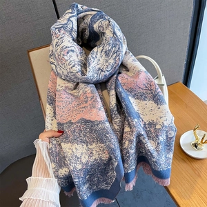 Thick warm shawl with blue and pink abstract landscape print and fringed edges