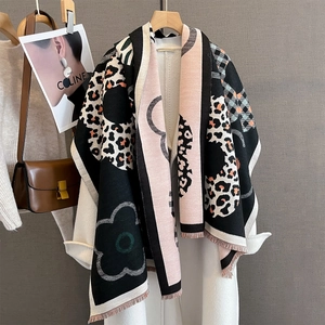 Sciarpa Donna Spessa Calda Imitazione Cashmere Jacquard Motivo Floreale Leopardato Scialle Grande Con Nappe Inverno Elegante