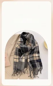 Close-up of fringe details and plaid pattern on thick cashmere-like scarf on wool coat