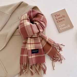 Detail of pink and beige plaid scarf texture with elegant tassels on beige coat