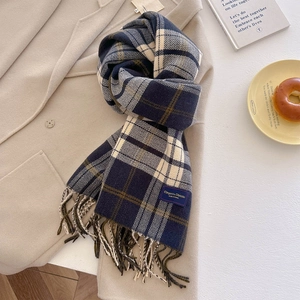 Close-up of tassel plaid scarf in navy and beige paired with a wool coat for autumn