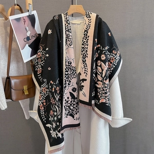 Floral jacquard pashmina scarf in black and pink with fringe for winter styling