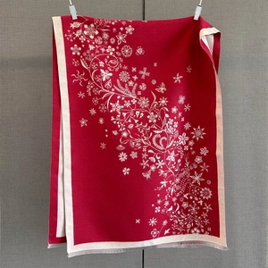 Détail de l'écharpe rouge effet cachemire avec motifs floraux et fines franges