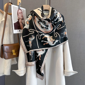 Animal Jacquard Scarf Shawl Faux Cashmere Polyester Horse Camel Pattern Fringe Double Sided Warm Wrap Fashion Women