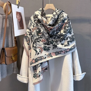 Detailed close-up of Toile de Jouy floral pattern on thick cashmere-like scarf