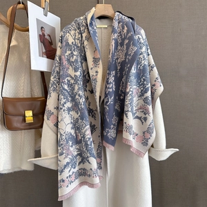 Vintage Floral Bird Print Scarf Shawl Imitation Cashmere Warm Winter Wrap Toile De Jouy Style Long Tassel Elegant For Women