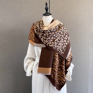Women Thick Warm Imitation Cashmere Scarf Shawl Patchwork Animal Print Leopard Zebra Geometric Jacquard Tassel