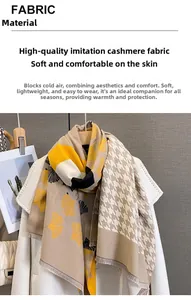 Detail of warm imitation cashmere scarf featuring ginkgo leaf patterns and tassels
