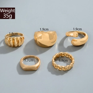 Five-piece vintage gold geometric ring set with size and 35g weight specifications