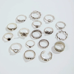 15pcs vintage silver ring set with butterfly heart crown and boho geometric patterns