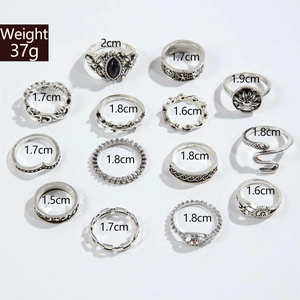 Detailed size guide for 14pcs vintage silver ring set with snake and floral motifs