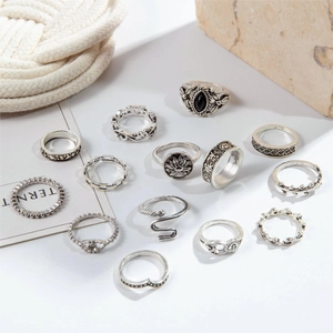 Detailed view of 14pcs vintage silver rings set with snake and floral bohemian designs