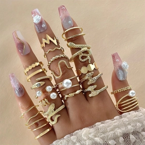 Alloy Imitation Artificial Pearl Snake Rings For Women Irregular Geometric Gold Tone Vintage Style Fashion Finger Jewelry