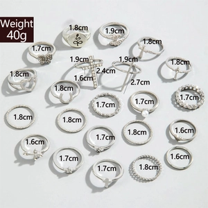 Dettaglio di un set di 22 anelli vintage color argento con misure di varie dimensioni