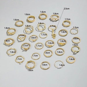 Detailed chart showing interior diameters for a 28-piece gold-toned mixed ring set