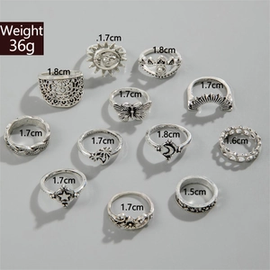 Detailed view of 12pcs vintage silver ring set with size specs and 36g weight label