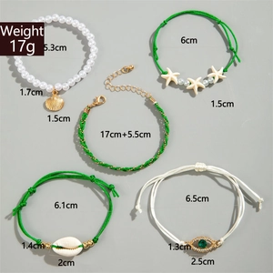 Detailed dimensions of 5pcs shell and pearl bracelet set with weight and size tags