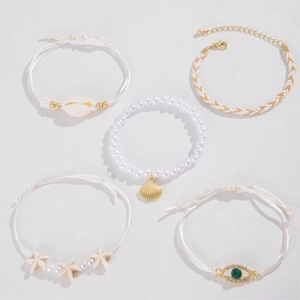 Bohemian 5-piece beach bracelet set with shells, starfish, pearls and evil eye charms