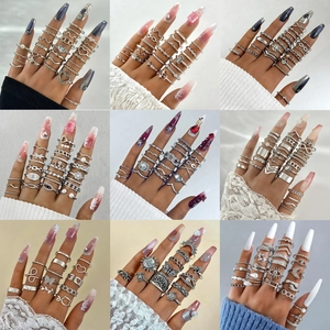 Bohemian Alloy Rings For Women Vintage Butterfly Snake Heart Evil Eye Pattern Pearl Zirconia Decorative Finger Jewelry Gift