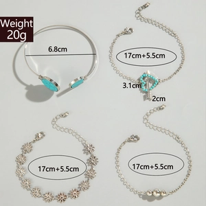Detailed view of bohemian 4-piece turquoise bracelet set with size and weight specs