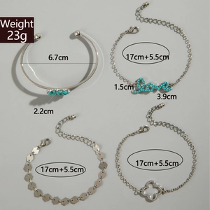 Bohemian silver bracelet set featuring turquoise flower and Love charm with dimensions