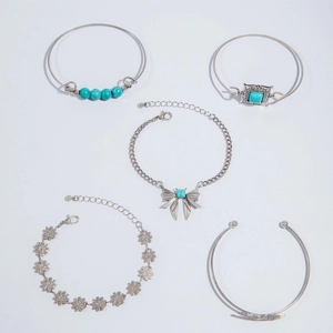5-piece bohemian silver metal bracelets set with turquoise stones and floral leaf charms