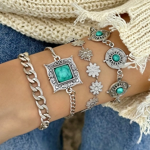 Macro detail of four-piece bohemian silver bracelet set with turquoise stones