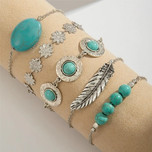 Detail of 5-piece Bohemian turquoise bracelet set featuring leaf, flower, and feather charms
