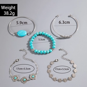 Detail showing weight 38.2g and dimensions for five bohemian leaf and turquoise bracelets