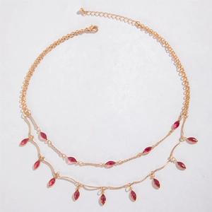 Double-layered gold alloy necklace featuring sparkling marquise-cut rose red rhinestones