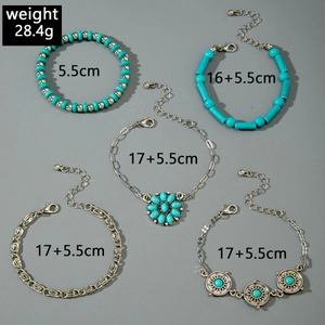 Detailed view of bohemian turquoise bead and silver flower bracelet set weighing 28.4g