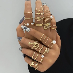 20pcs vintage gold snake ring set with faux pearls and irregular geometric designs