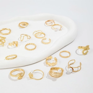 16pcs vintage gold snake and pearl ring set with irregular geometric designs for women