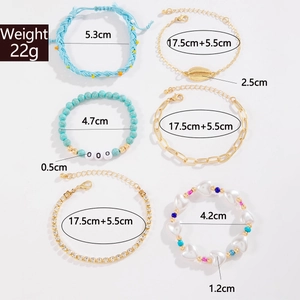 Detailed view of 6-piece bohemian shell and turquoise beaded bracelet set with dimensions