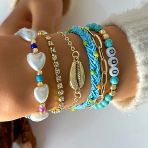 Multilayered Bracelet Bohemian Beach Ocean Alloy Shell Pendant Heart Faux Artificial Pearl Turquoise Bead Rhinestone Fashion For Women