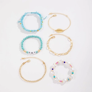 6-piece ocean theme shell and turquoise beaded bracelet set with blue woven accents