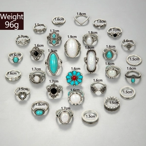 Lot de 30 bagues bohèmes vintage avec turquoise verte et motifs floraux en alliage argenté