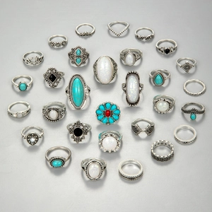 Ensemble de Bagues Style Turquoise Floral Vintage Bohémien Plaqué Argent Antique Ethnique Bagues de Phalange Femme