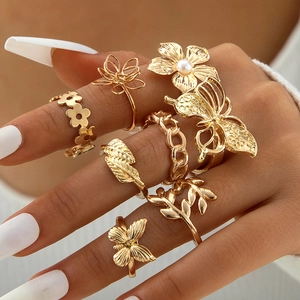 Bagues En Alliage Et Fausses Künstliche Perles Dorées Papillon Fleur Feuille Creuse Géométrique Empilable Bijoux Bohème Mode