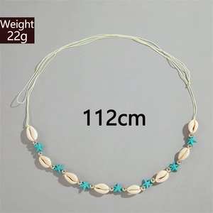Detail view of 112cm seashell waist chain with blue starfish pendants, weighing 22g