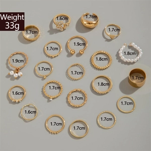 Flache Ansicht eines 20-tlg. Goldring-Sets mit Größenangaben von 1,6cm bis 1,9cm
