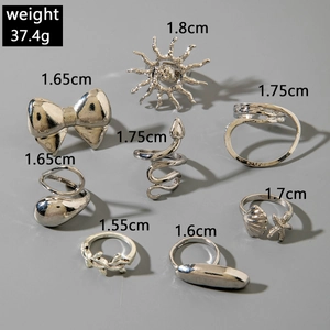 Détails de l'ensemble de bagues bohème en argent avec motifs soleil serpent et coquillage