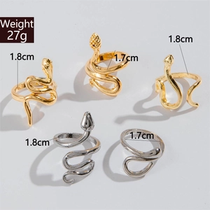 Detailed view of 5-piece snake ring set with gold and silver finishes and size dimensions