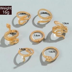 Detailed view of snake ring set with scale texture and diameter measurement specs