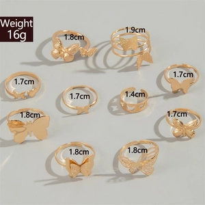 Detailed view of 10-piece gold butterfly ring set with size and weight measurements