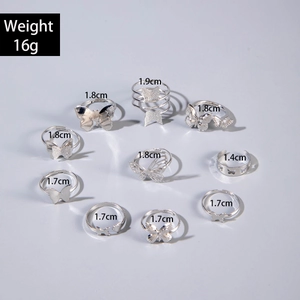 Detailed view of silver butterfly ring set with 11 pieces including size and weight specs