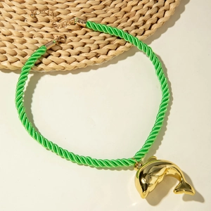 Detail of green twisted rope necklace with a gold dolphin pendant and adjustable clasp